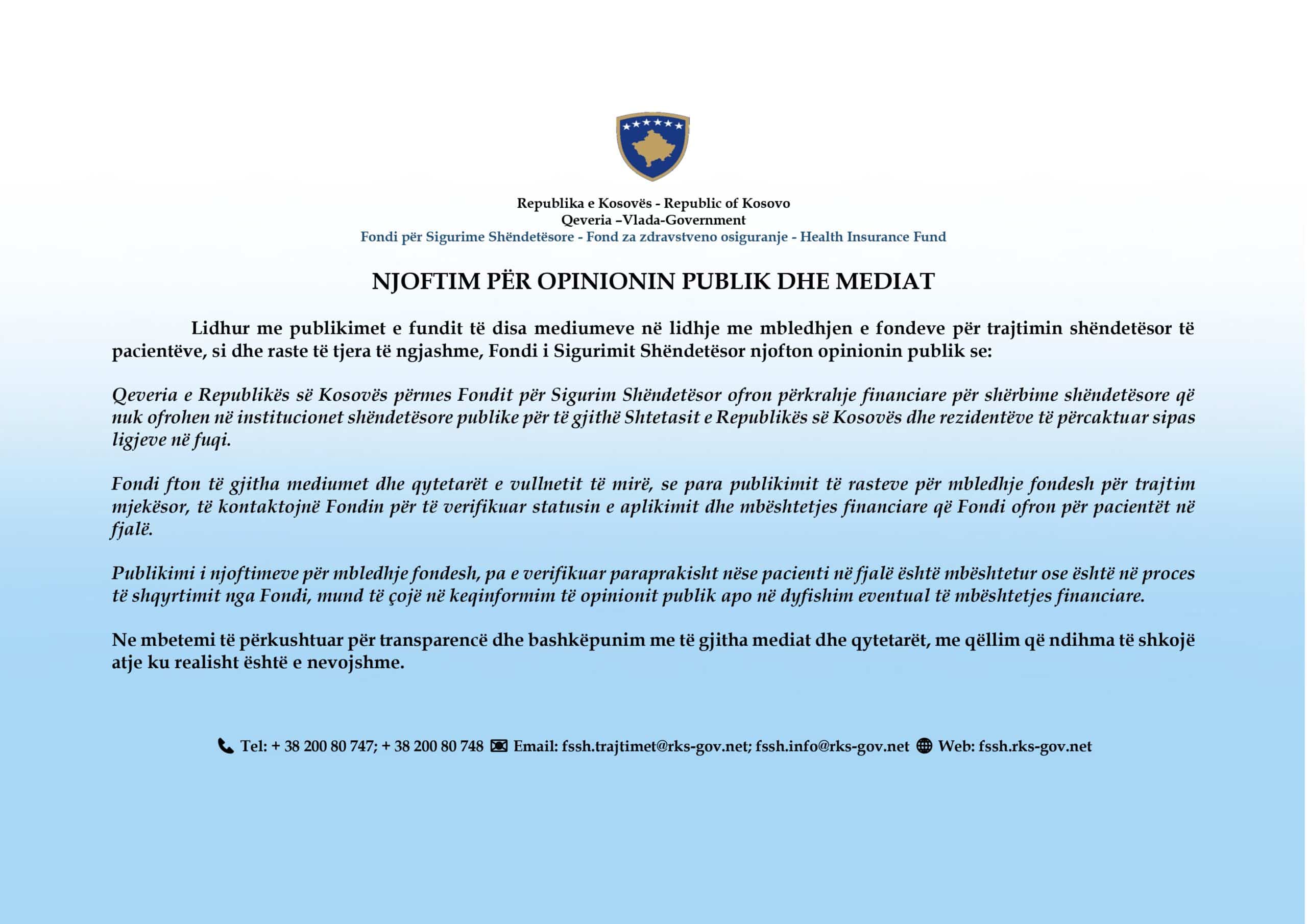 NJOFTIM PËR OPINIONIN PUBLIK DHE MEDIAT